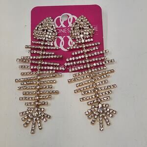 Sassy Jones Fish Bone Gold Tone Crystal Post Earrings Statement Drama Dangle